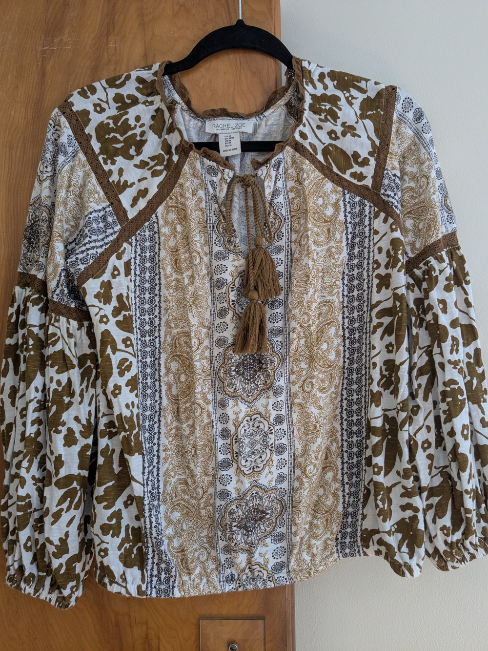 Rachel Zoe Olive & White Printed Boho Tassel Peasant Top